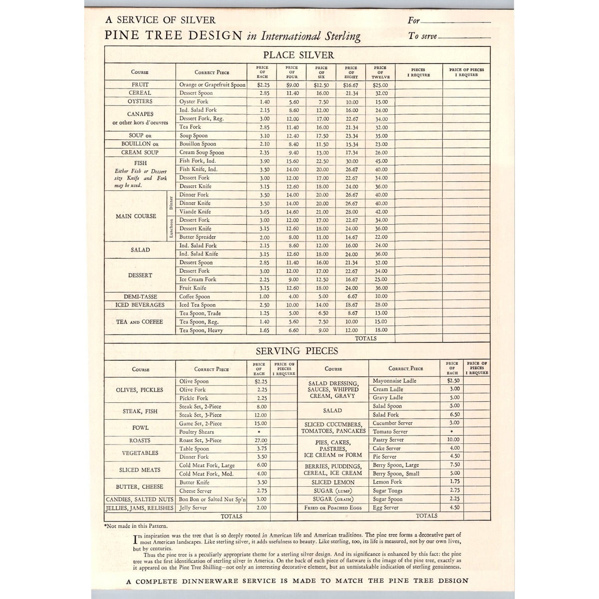 1930s International Sterling Pine Tree Silverware Print Ad Price List Ephemera
