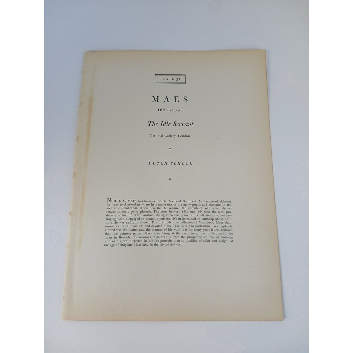 1939 Nicholas Maes The Idle Servant Book Plate Art Print Dutch School