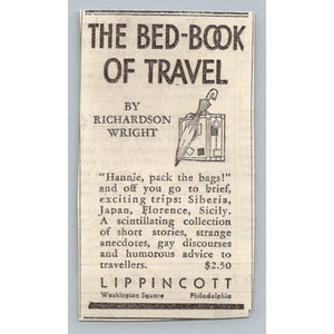 1931 Richardson Wright THE Bed-book OF Travel Lippincott Adv. Ephemera Print Ad