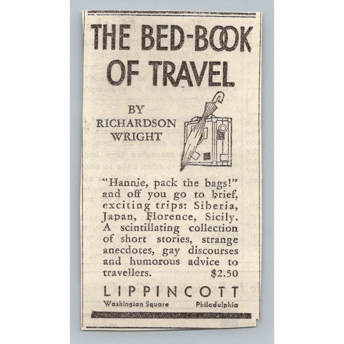 1931 Richardson Wright THE Bed-book OF Travel Lippincott Adv. Ephemera Print Ad