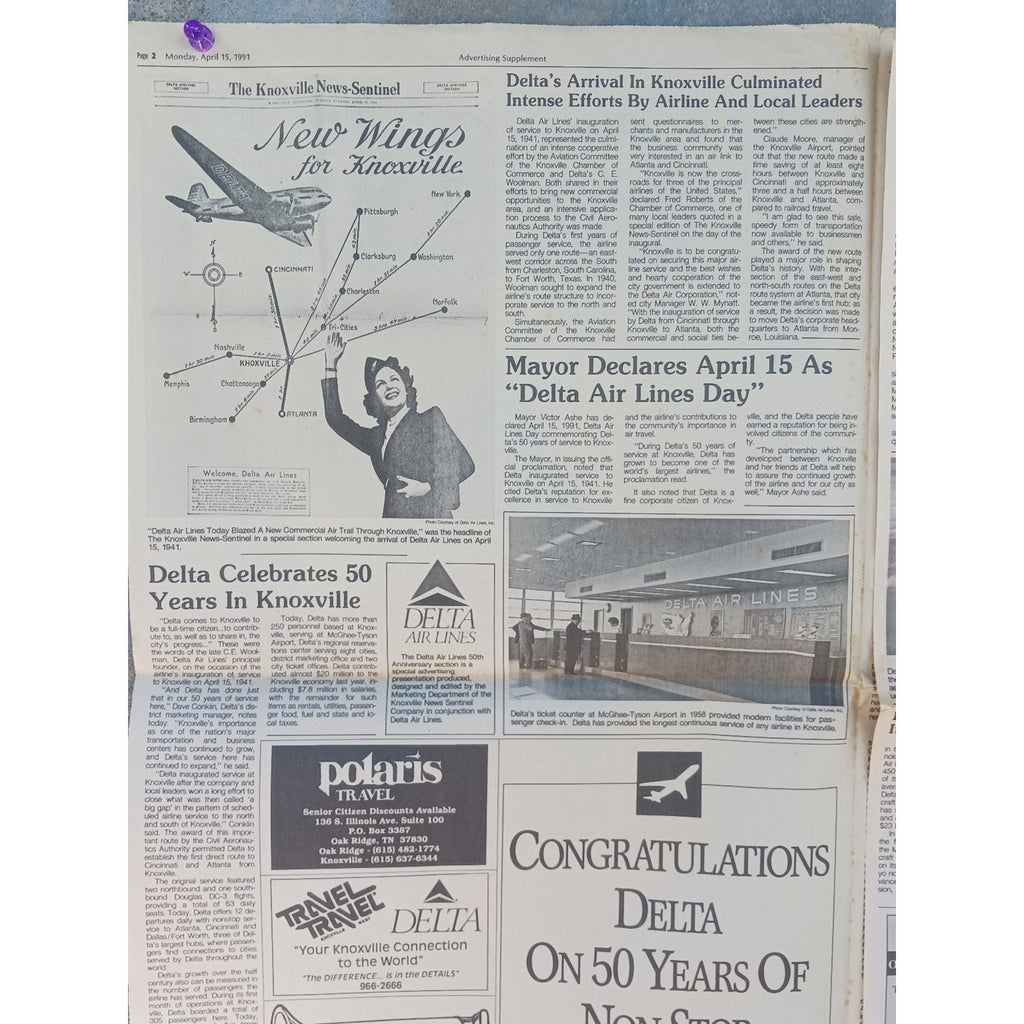 Delta Air Lines 50 Years Service Knoxville 1991 Newspaper Article Stewardess Art