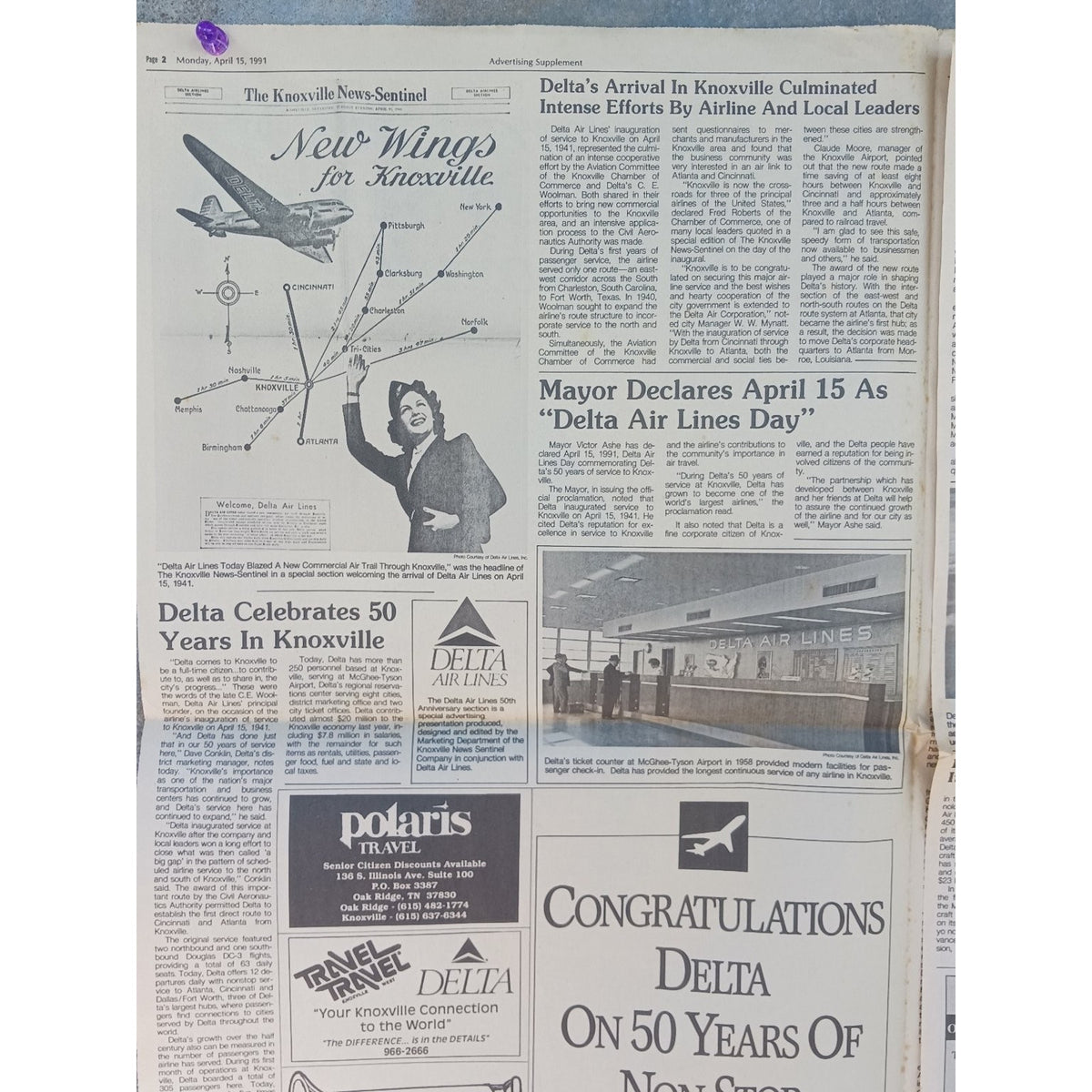 Delta Air Lines 50 Years Service Knoxville 1991 Newspaper Article Stewardess Art