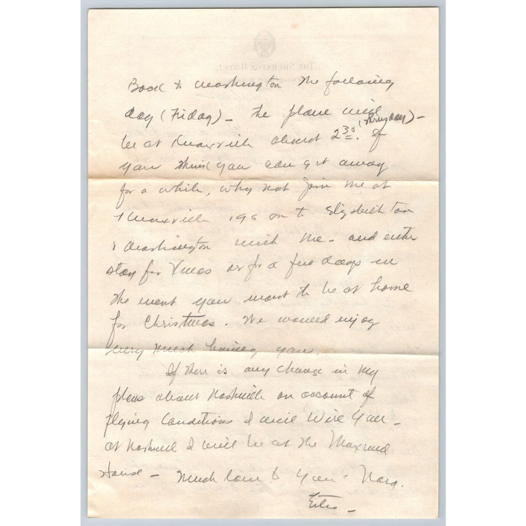 1949 Signed Estes Kefauver Hand Wrote Personal Letter To Dad Sheraton Hotel