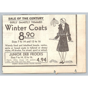 1930s Boston Store Newspaper Ad Girls Winter Coats Junior Deb Frocks Fashion