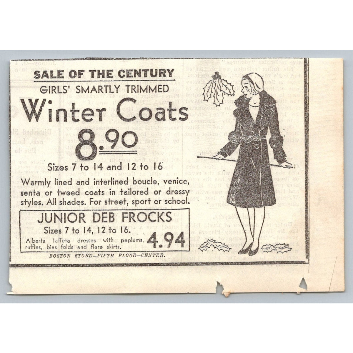 1930s Boston Store Newspaper Ad Girls Winter Coats Junior Deb Frocks Fashion