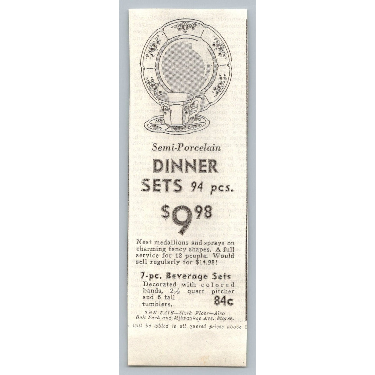 Vintage 1933 The Fair Chicago Porcelain Dinnerware Beverage Set Ad Ephemera Rate