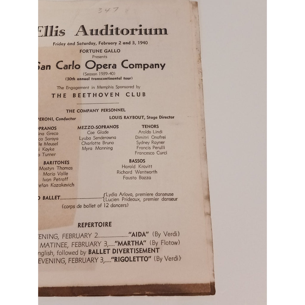 1940 San Carlo Opera Company Program Ellis Auditorium Memphis Aida Martha