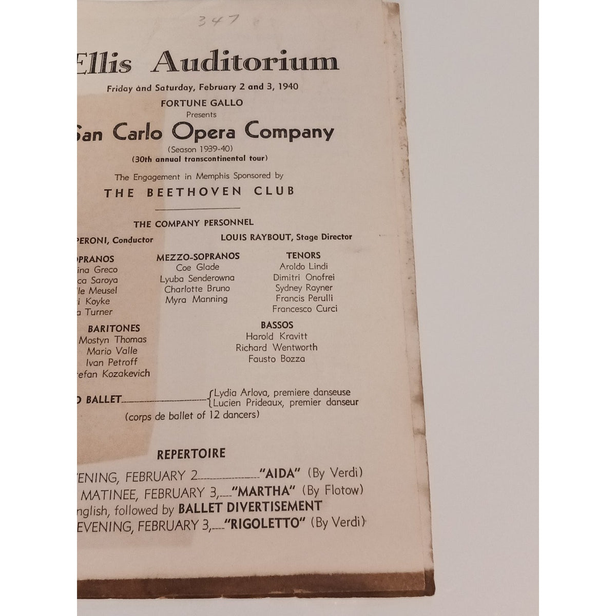 1940 San Carlo Opera Company Program Ellis Auditorium Memphis Aida Martha
