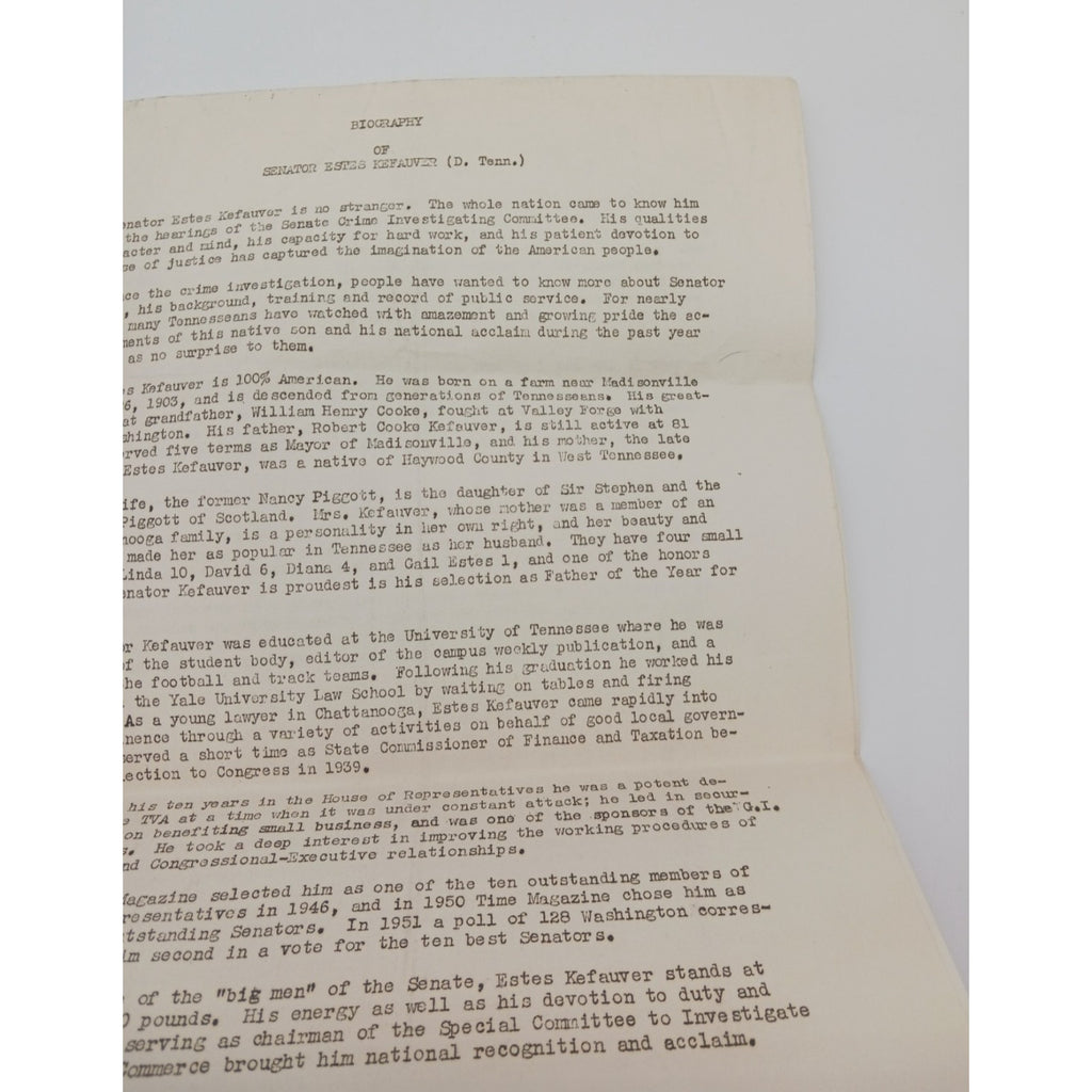 2 Page Biography of Senator Estes Kefauver Tennessee Democrat From Family Estate