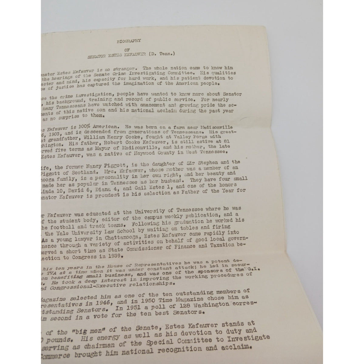 2 Page Biography of Senator Estes Kefauver Tennessee Democrat From Family Estate