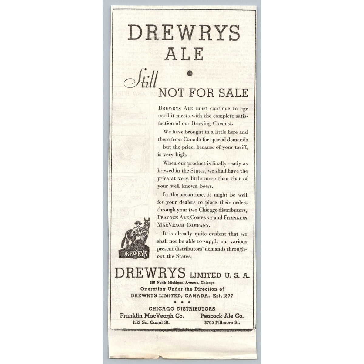 1930s Drewrys Ale Chicago Prohibition Era Advertising Print Ad Ephemera