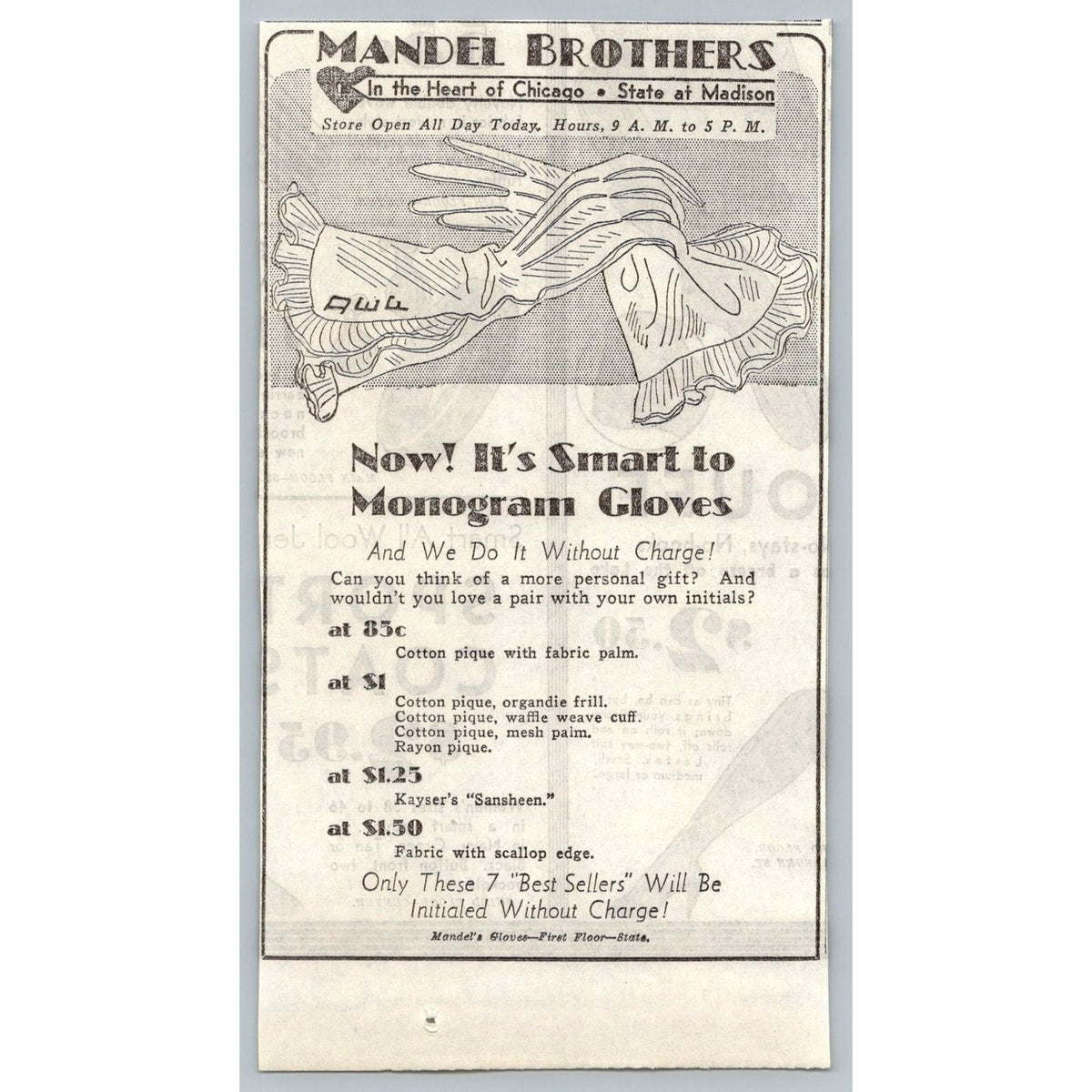 1933 Mandel Brothers Chicago Monogram Gloves Advertisement Ephemera Art Deco