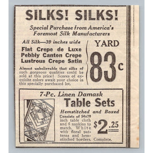 1930s Silk Fabric Linen Damask Table Set Vintage Newspaper Ad Ephemera
