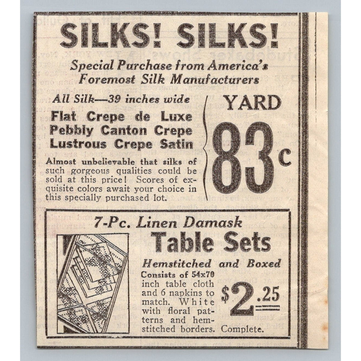 1930s Silk Fabric Linen Damask Table Set Vintage Newspaper Ad Ephemera