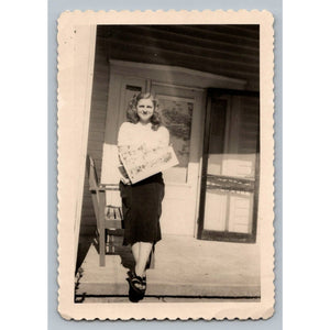 Pretty Young Woman Reading Comics 1940s Snapshot Photograph Deckled Edge Fashion