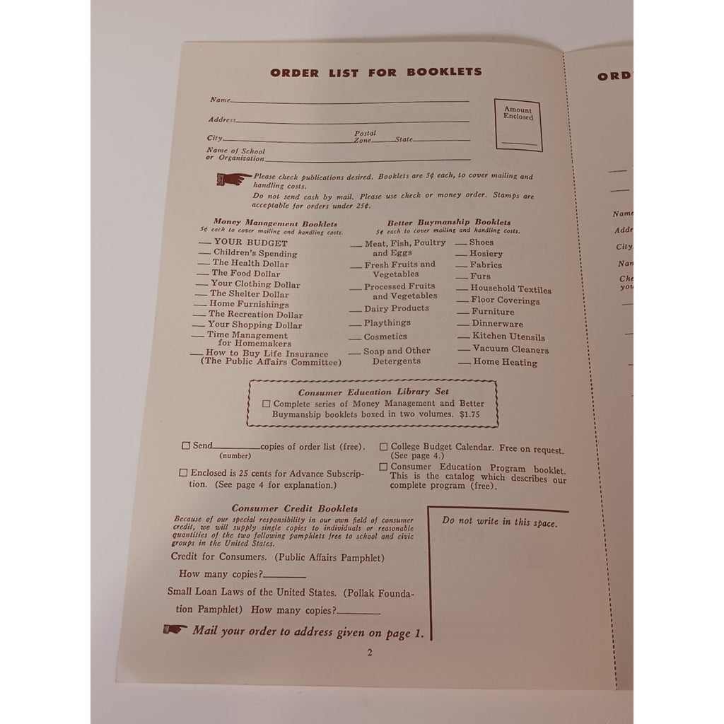 1951 Household Finance Consumer Education Material Order List Pamphlet Chicago