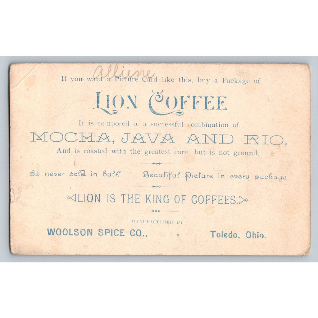 1890s LION COFFEE Trade Card Winter Cabin Toledo Ohio Advertising Ephemera