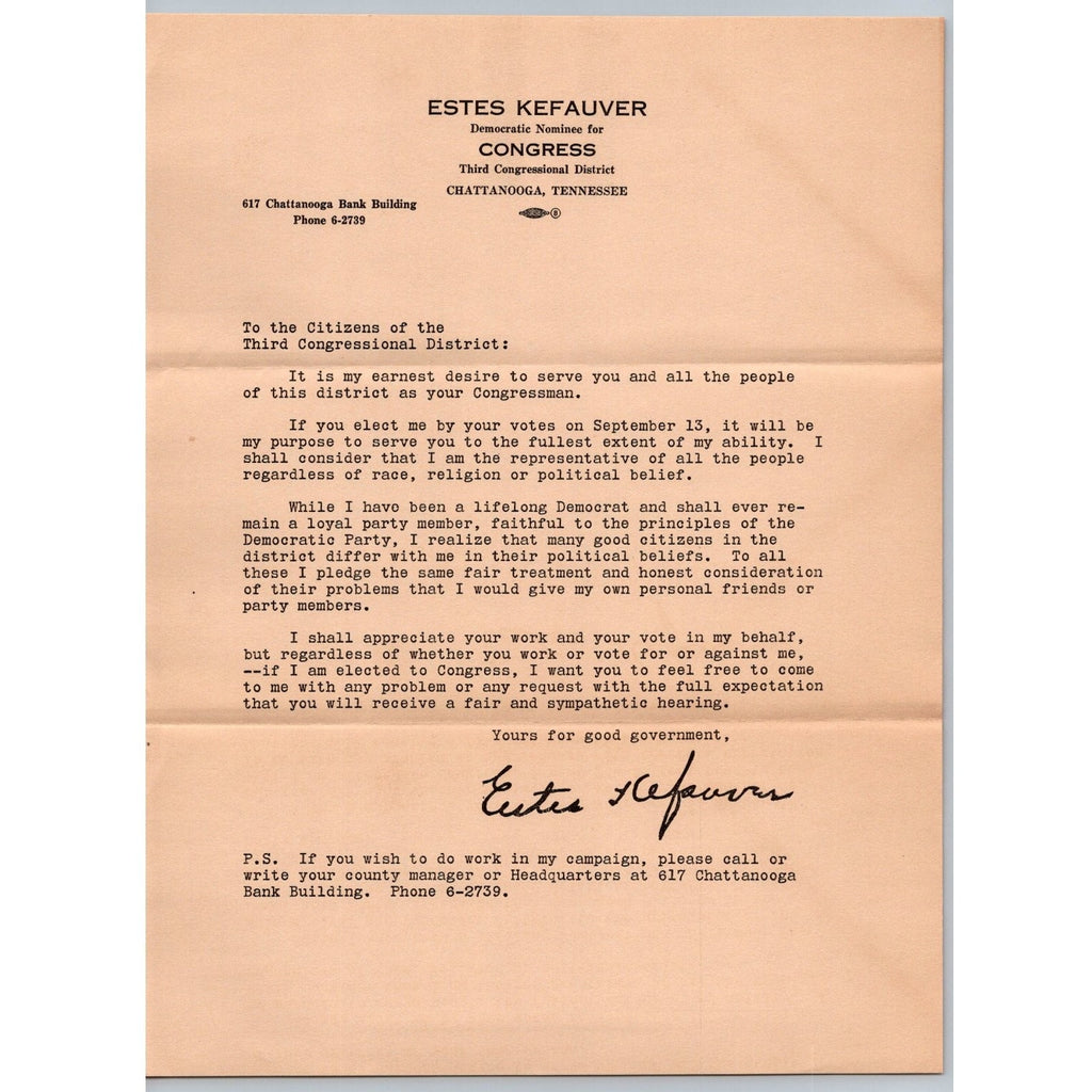 c1939 Estes Kefauver Chattanooga Congress Campaign Letter & Envelope Ephemera