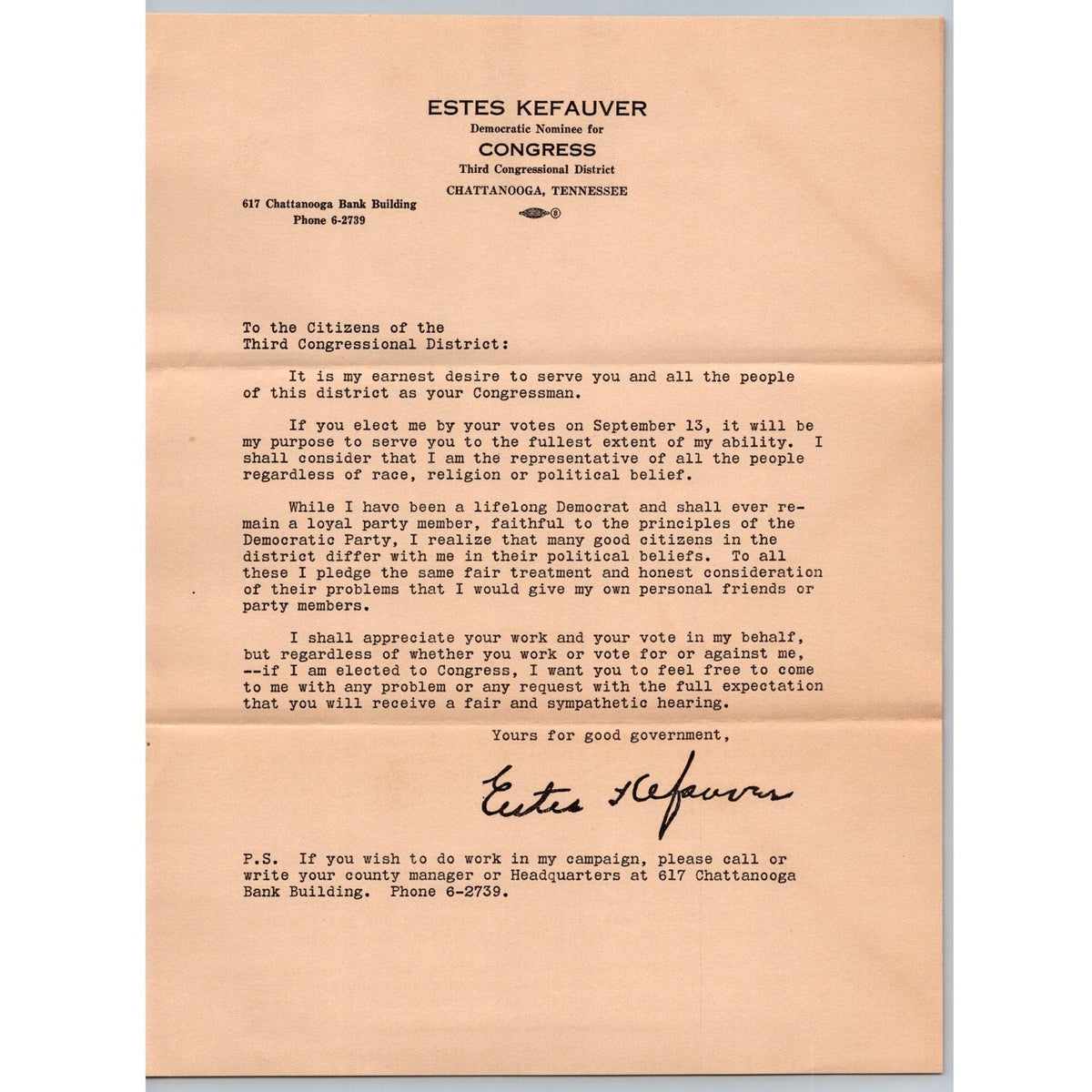 c1939 Estes Kefauver Chattanooga Congress Campaign Letter & Envelope Ephemera