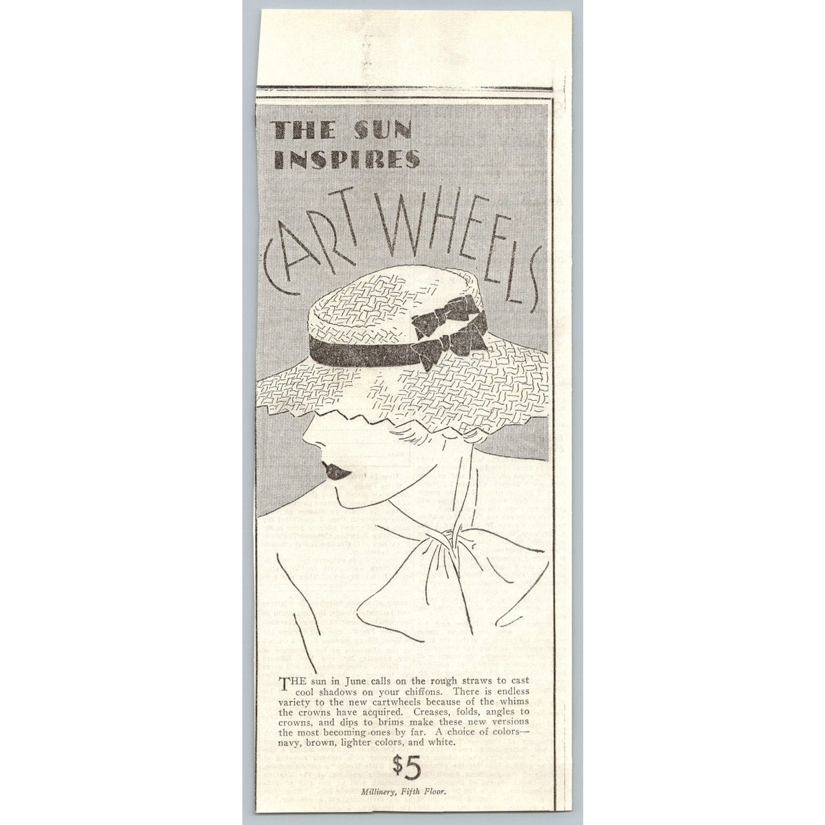 1930s Fashion Advertisement Cartwheel Hat Millinery Ephemera Art Deco Woman