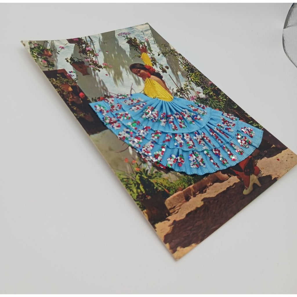 Vintage Spain Postcard Flamenco Dancer Applique Fabric Satin Skirt Glitter
