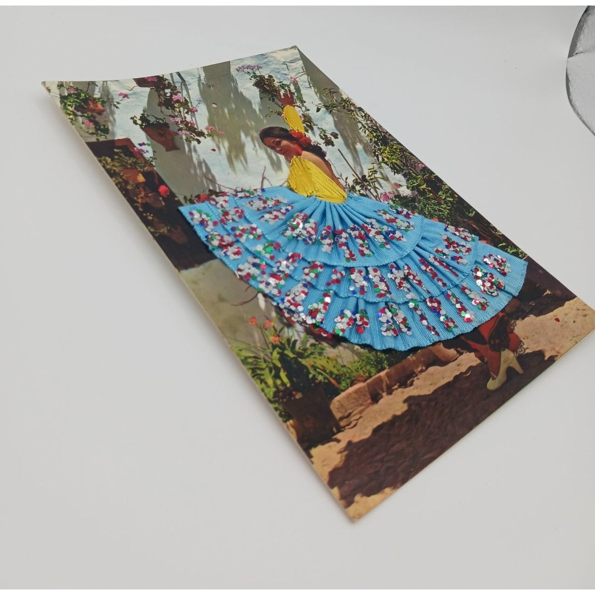 Vintage Spain Postcard Flamenco Dancer Applique Fabric Satin Skirt Glitter