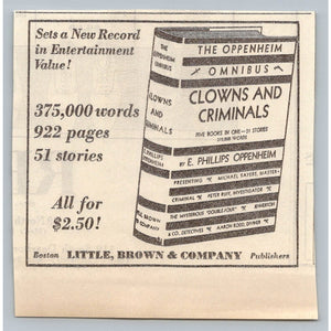 1931 E. Phillips Oppenheim Omnibus Clowns & Criminals Book Ad Ephemera Boston