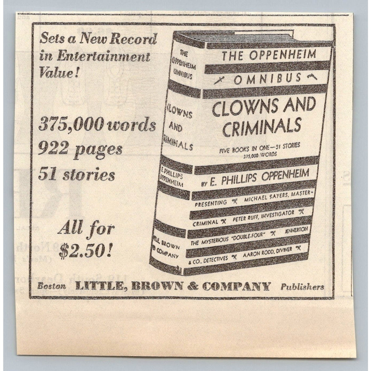 1931 E. Phillips Oppenheim Omnibus Clowns & Criminals Book Ad Ephemera Boston