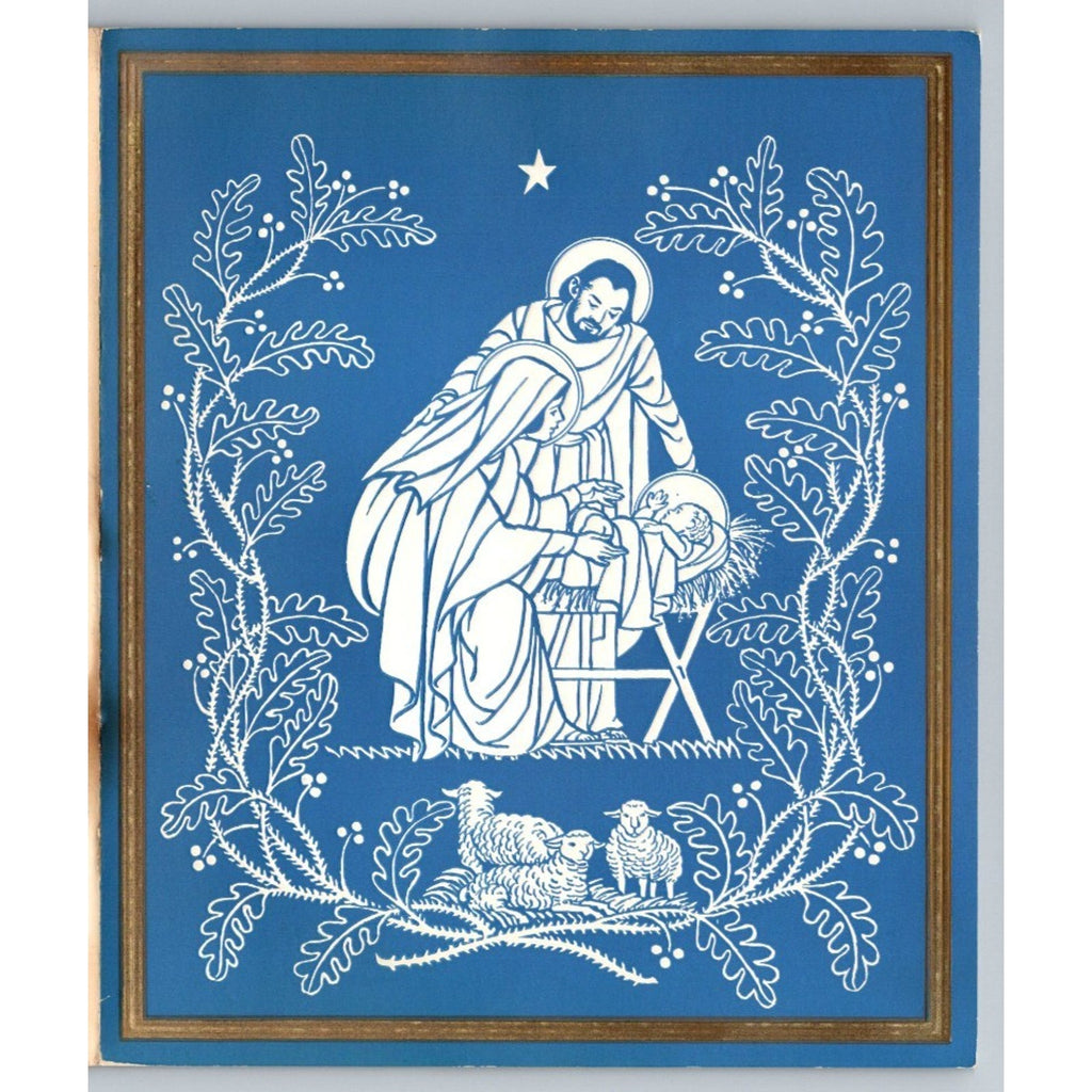 1955 Blue Christmas Nativity Mary Joseph Jesus Sheep Lamb Deer Crest Card