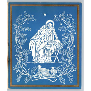 1955 Blue Christmas Nativity Mary Joseph Jesus Sheep Lamb Deer Crest Card