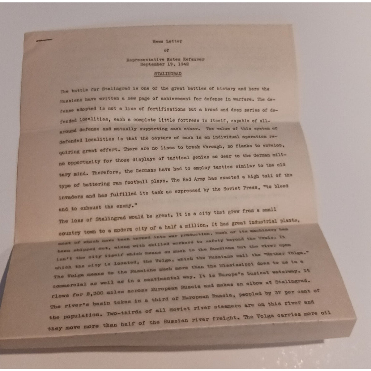 1942 Estes Kefauver News Letter Stalingrad WWII Congressional Ephemera