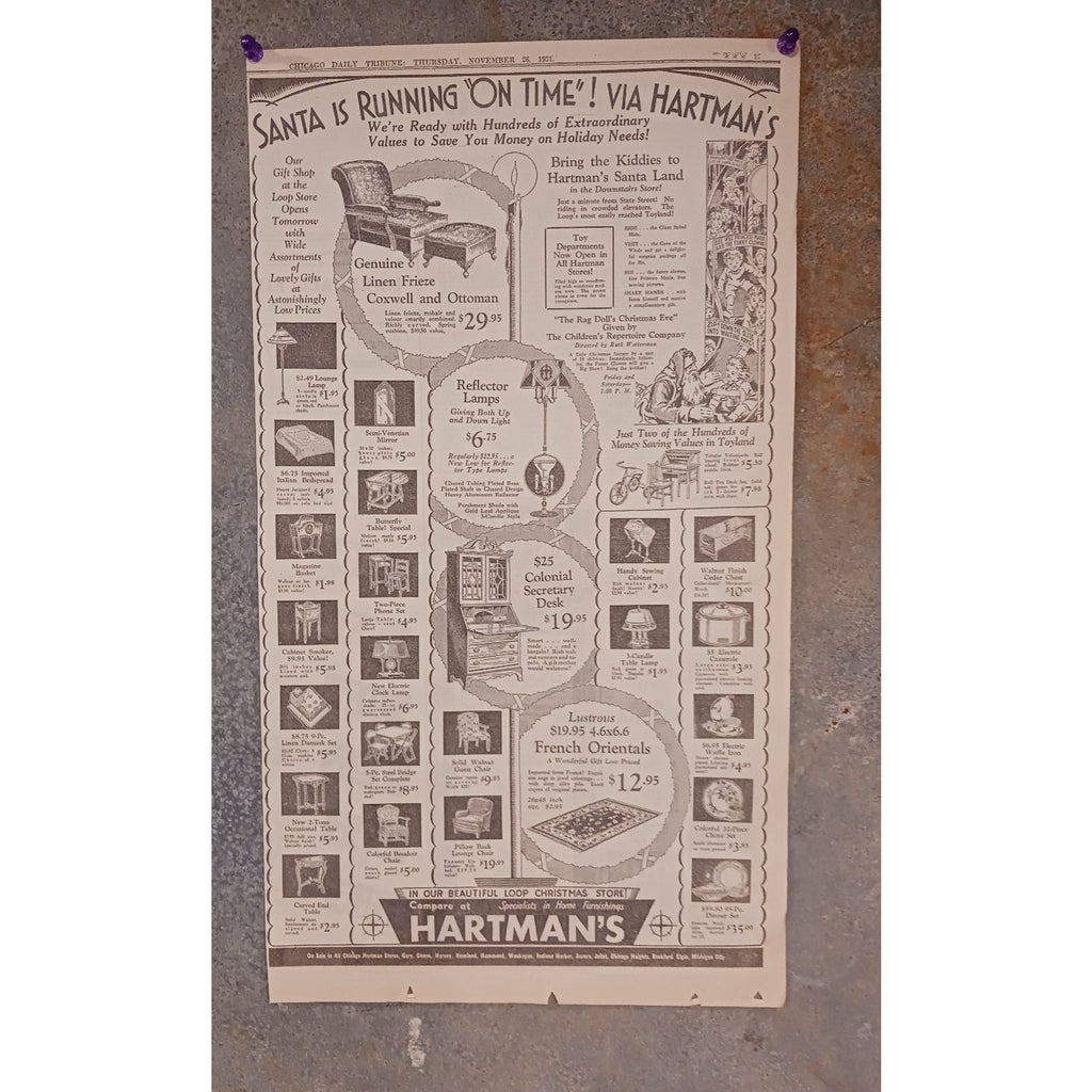 1931 Chicago Tribune Hartman's Christmas Ad Santa Land Toyland Furniture