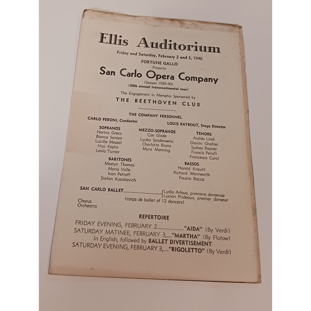 1940 San Carlo Opera Company Program Ellis Auditorium Memphis Verdi Aida