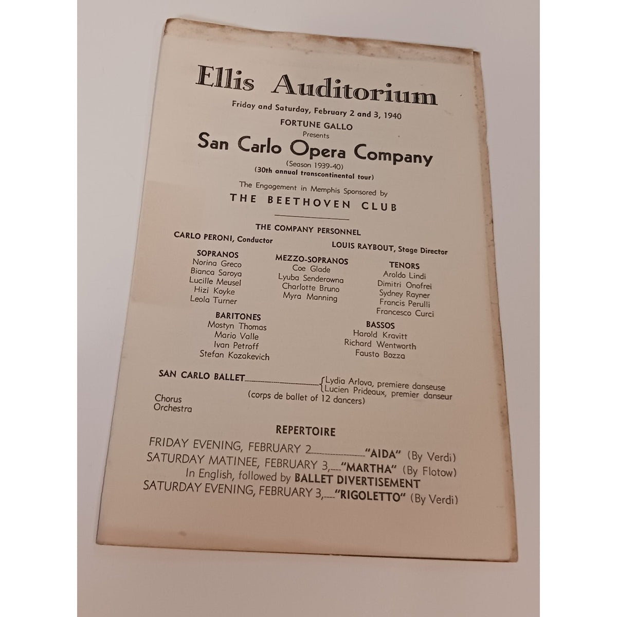 1940 San Carlo Opera Company Program Ellis Auditorium Memphis Verdi Aida