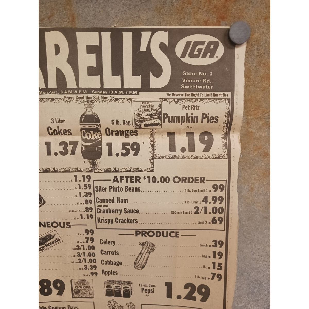 VTG 1980s HARRELL'S IGA Grocery Store Ad Sweetwater TN Coke Pepsi Food Prices