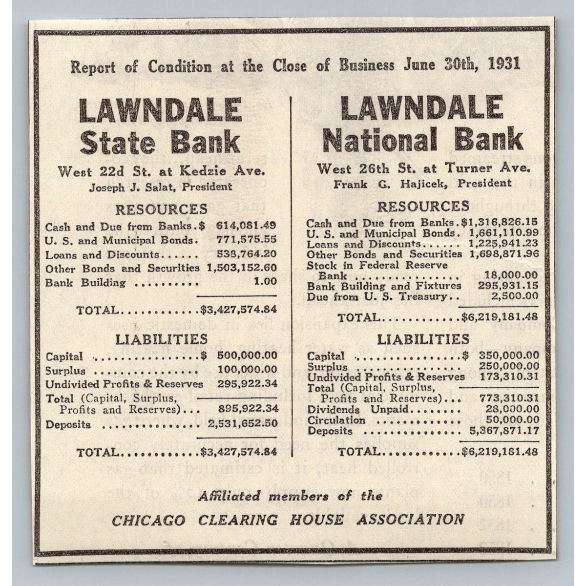 1931 Lawndale Banks Chicago Financial Report Ephemera Great Depression Era Ad