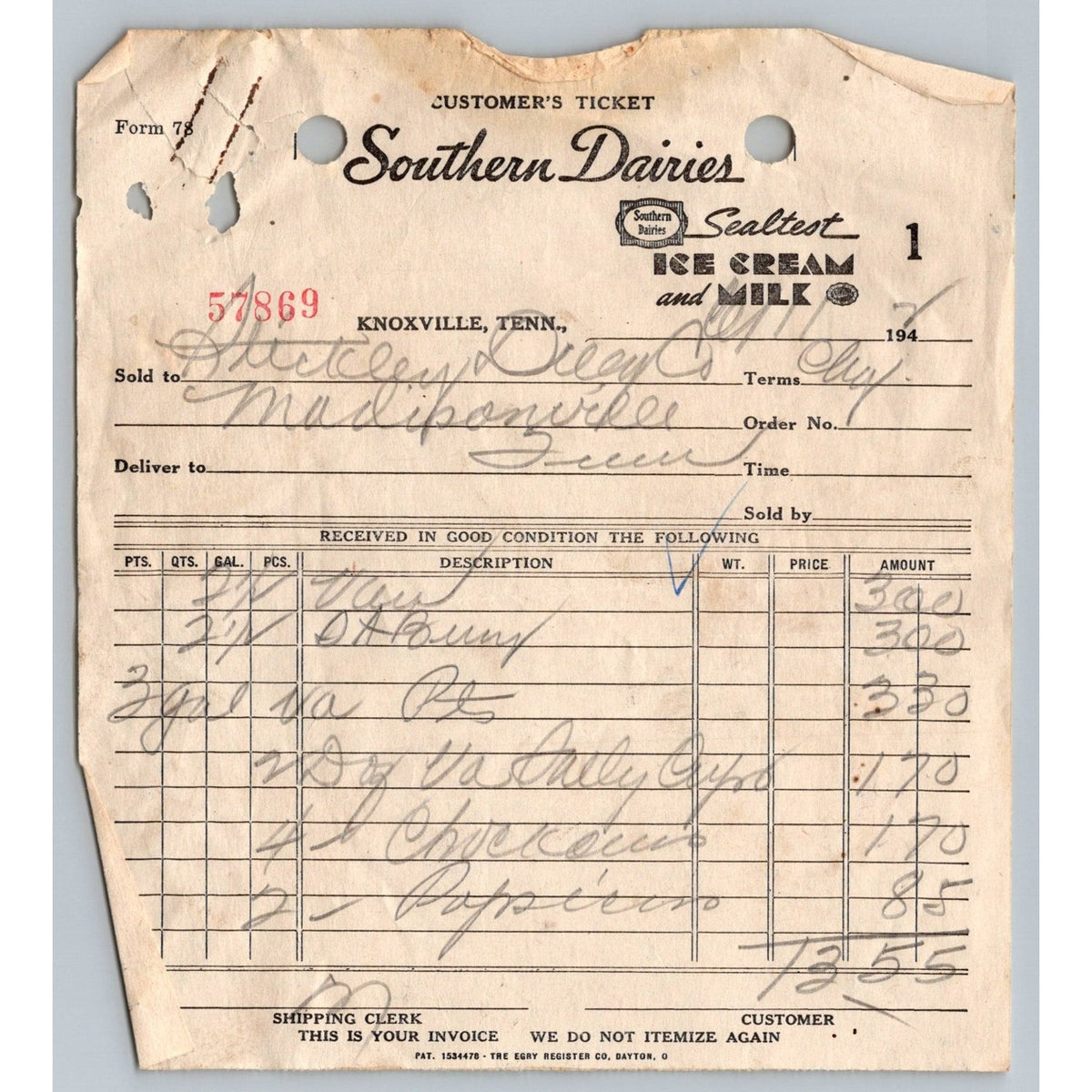 1942 Southern Dairies Knoxville Tn Vintage Customer Ticket 1940s Receipt Invoice