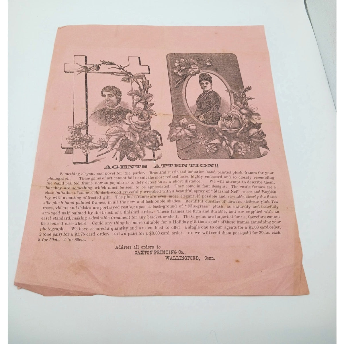 1870s 1880s Antique Victorian Caxton Printing Co Conn Photo Frame Agent Ad Flyer