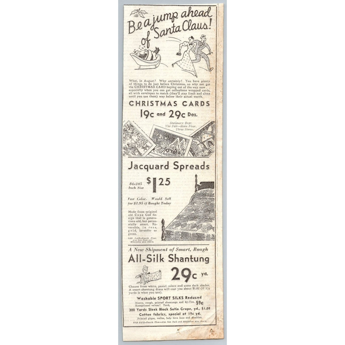 1933 The Fair Christmas Cards & Silk Shantung Sleeping Santa Claus Ad Ephemera