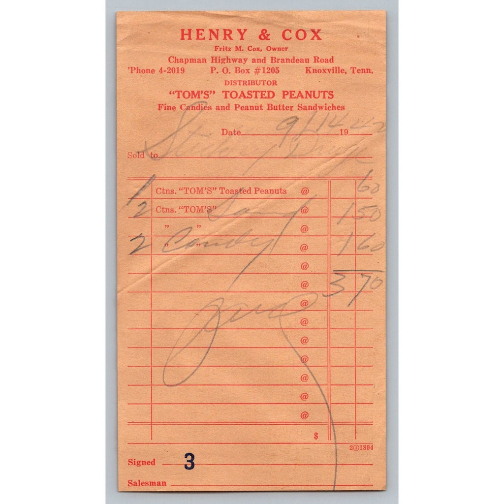 1940s Henry & Cox Knoxville TN Tom's Toasted Peanuts Sales Receipt Red Invoice