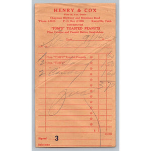 1940s Henry & Cox Knoxville TN Tom's Toasted Peanuts Sales Receipt Red Invoice