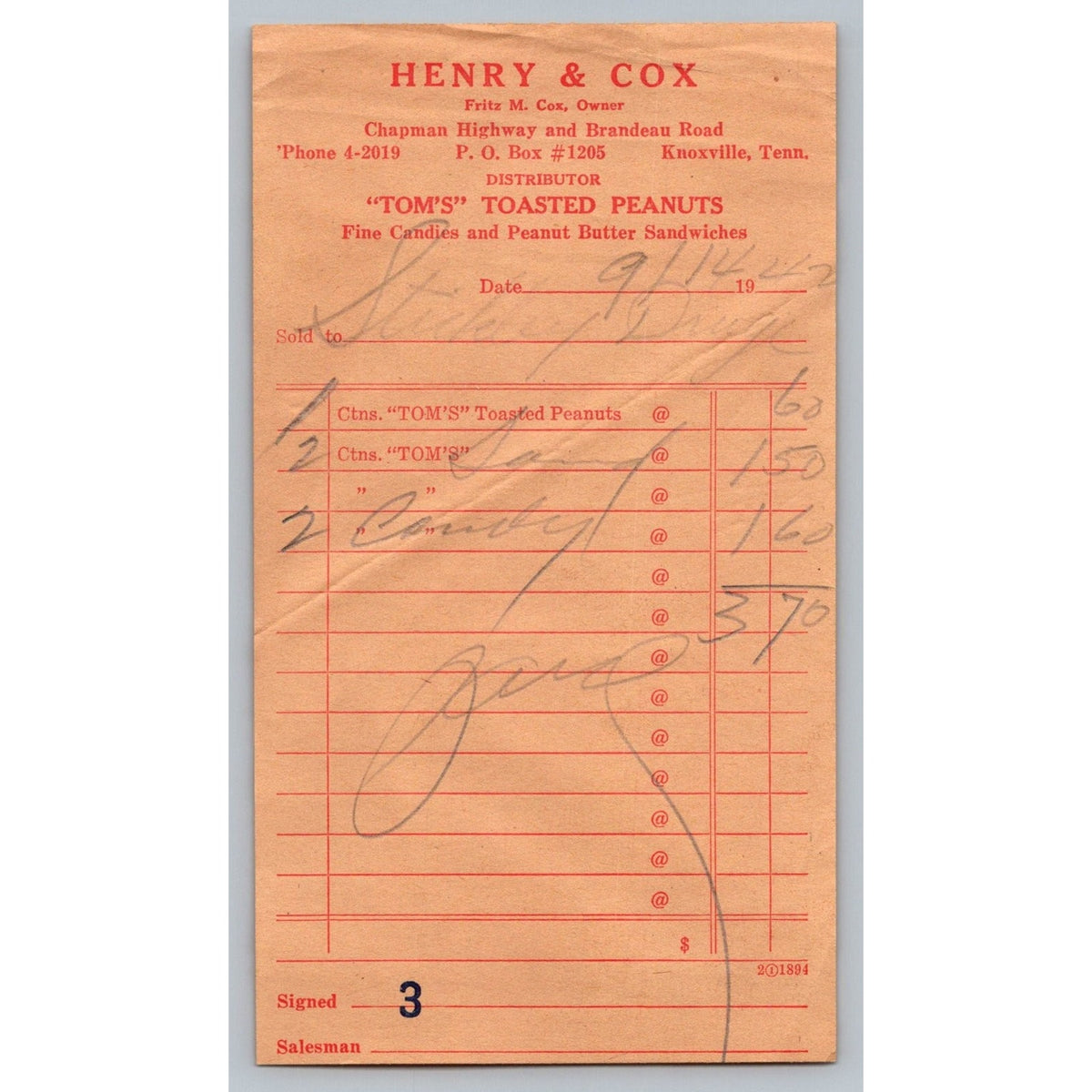 1940s Henry & Cox Knoxville TN Tom's Toasted Peanuts Sales Receipt Red Invoice