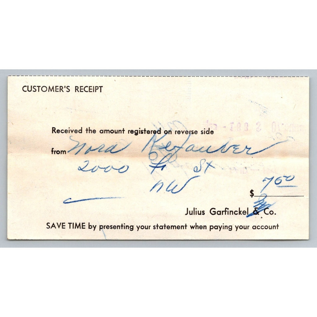 1948 Julius Garfinckel & Co DC Dept Store Customer Receipt Ephemera