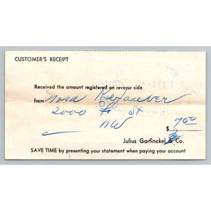 1948 Julius Garfinckel & Co DC Dept Store Customer Receipt Ephemera