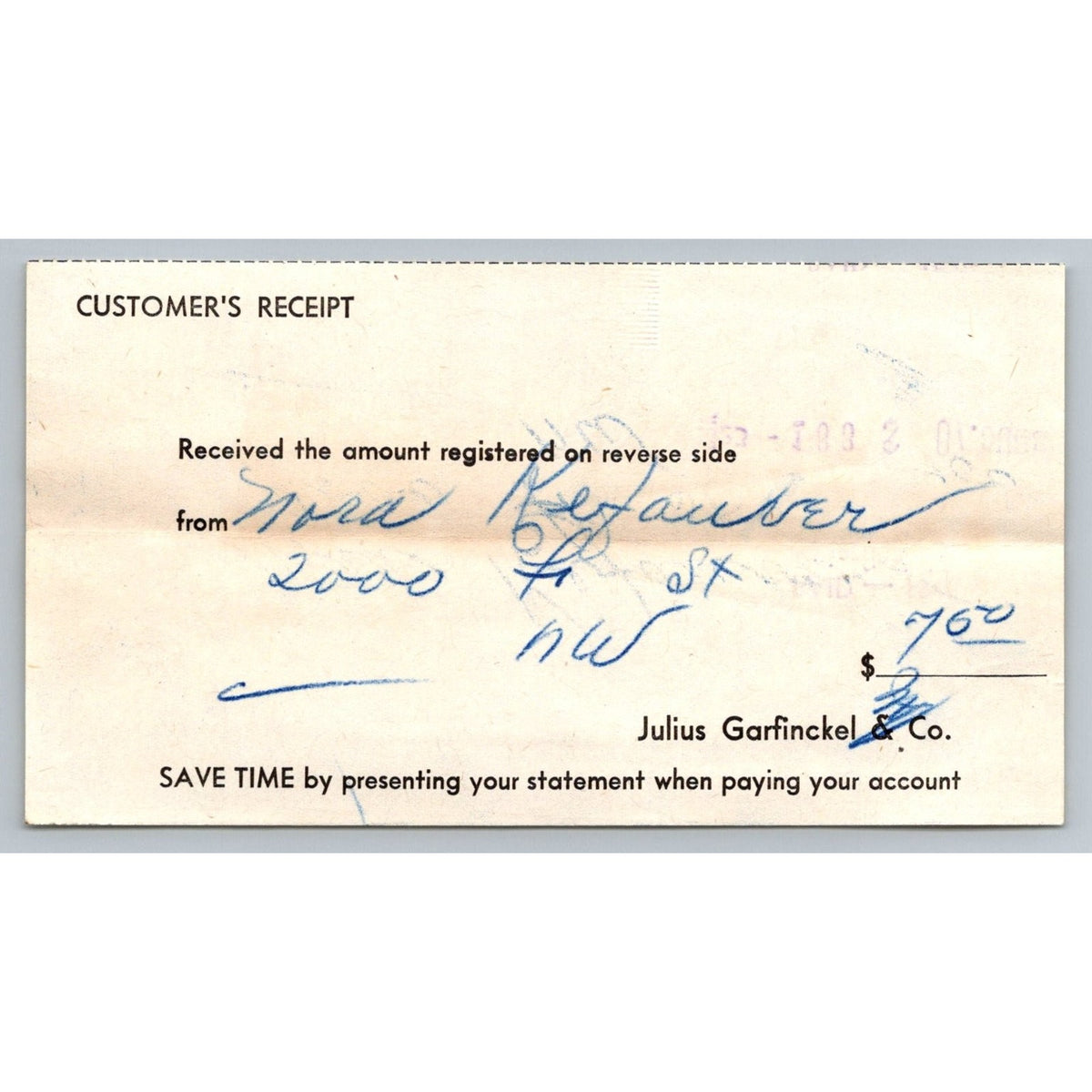 1948 Julius Garfinckel & Co DC Dept Store Customer Receipt Ephemera