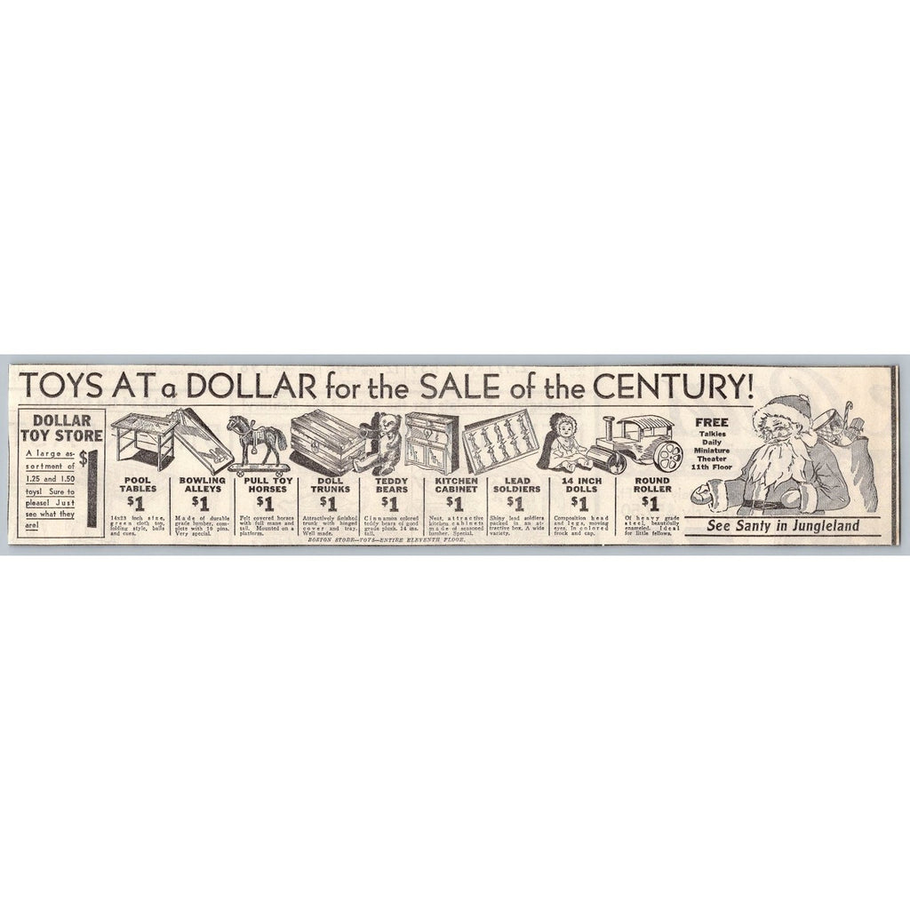 1931 Boston Store Christmas Toy Depression Era Print Ad Sale Santa & Talkies