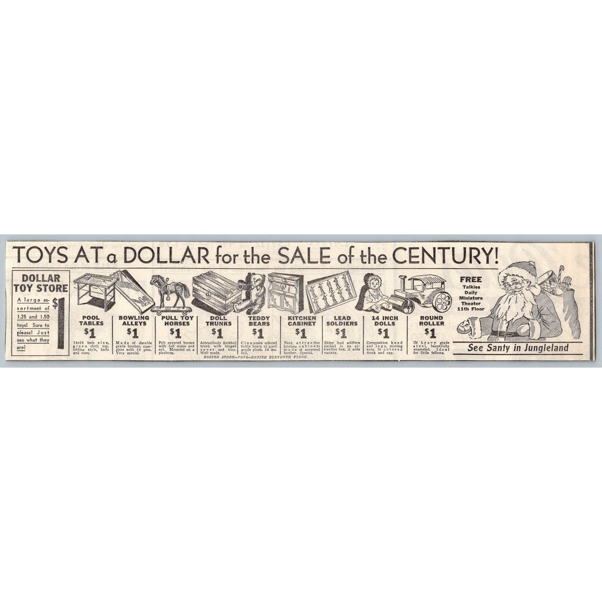 1931 Boston Store Christmas Toy Depression Era Print Ad Sale Santa & Talkies