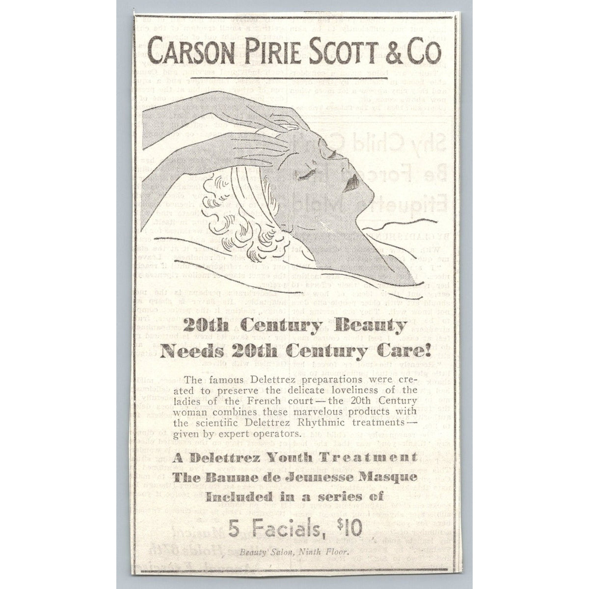 1933 Carson Pirie Scott Delettrez Facial Ad 1930s Vintage Beauty Salon Ephemera