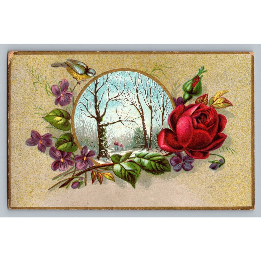 1890s Jersey Coffee Dayton Ohio Victorian Trade Card Winter Scene Rose Violets