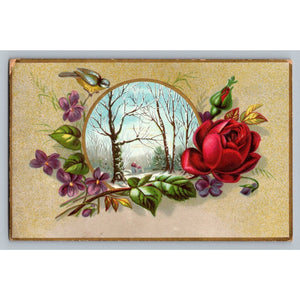 1890s Jersey Coffee Dayton Ohio Victorian Trade Card Winter Scene Rose Violets